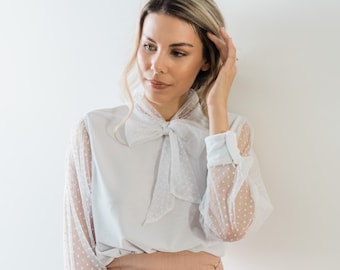 Sheer sleeve pussybow blouse, sheer mesh top, polka dot mesh top, oversized sleeves white blouse, bridal top, high neck long sleeve