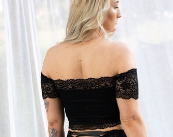 Off the shoulder lace top, Sweetheart crop top in black lace