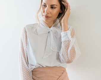Sheer sleeve pussybow blouse, sheer mesh top, polka dot mesh top, oversized sleeves white blouse, bridal top, high neck long sleeve