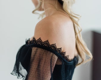 Black off the shoulder top, off the shoulder lace top, sheer tulle blouse, black sweetheart lace crop top, sheer blouse, mesh blouse