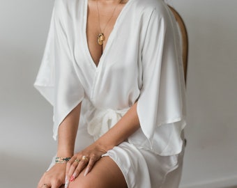 White satin robe for wedding day