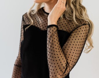 Mesh top, Polka dot top with velvet bodice