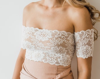 Bridal lace crop top. Off the shoulder lace top for wedding. White lace cropped top.