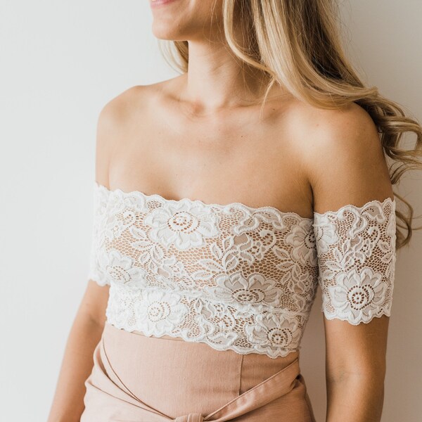 Bridal lace crop top. Off the shoulder lace top for wedding. White lace cropped top.