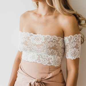 Bridal lace crop top. Off the shoulder lace top for wedding. White lace cropped top.