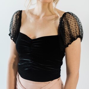 Black polka dot puff sleeve crop top, maiden sleeve crop top, puff sleeve crop top black, short sleeve mesh crop top, mesh crop top, sheer