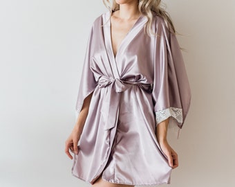Personalised bridal satin robe, Monogrammed purple satin and lace robe for bridesmaids