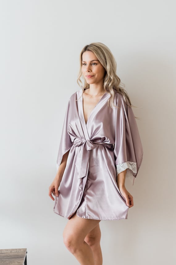 Personalised Bridal Satin Robe, Monogrammed Purple Satin and Lace