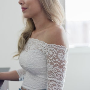 Lace Crop Top, White lace off the shoulder crop top, boho wedding crop top, sweetheart lace top for wedding, crop top separates for wedding image 4