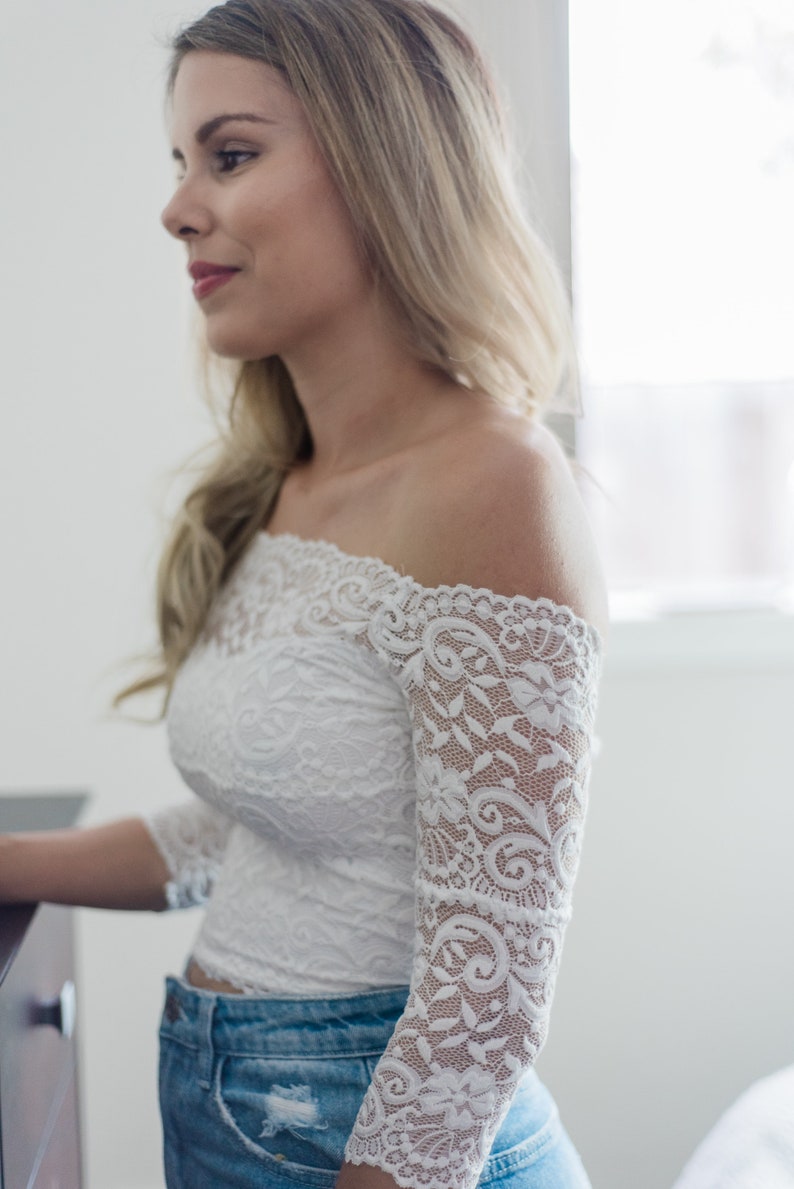 Lace Crop Top, White lace off the shoulder crop top, boho wedding crop top, sweetheart lace top for wedding, crop top separates for wedding image 4