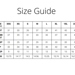 Puede incluir: Tabla de tallas con medidas en pulgadas para diferentes tallas: XXS, XS, S, M, L, XL, 1XL y 2XL. Las medidas se proporcionan para el busto, debajo del busto, la cintura, la cadera, el b&iacute;ceps y el cuello.