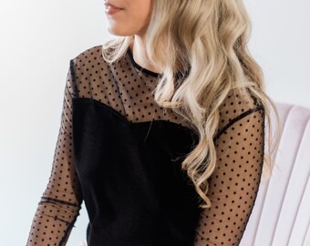 Black Polka Dot Mesh Top Long Sleeve 