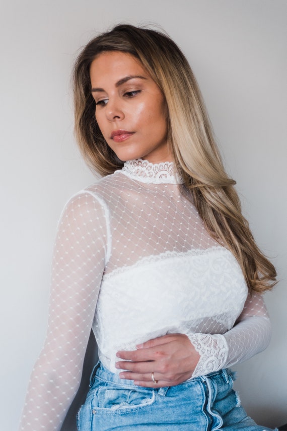 Mesh Long Sleeve Top, Tulle Top, Sheer Top, Sheer Tops for Women, Mesh T  Shirt, Bridal Crop Top, Bridesmaids Crop, White Lace Top, High Neck 