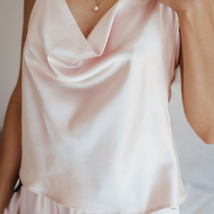 Pink satin pj set for women, satin cowl neck chemise, black and pink satin french knicker sleepwear shorts image 6