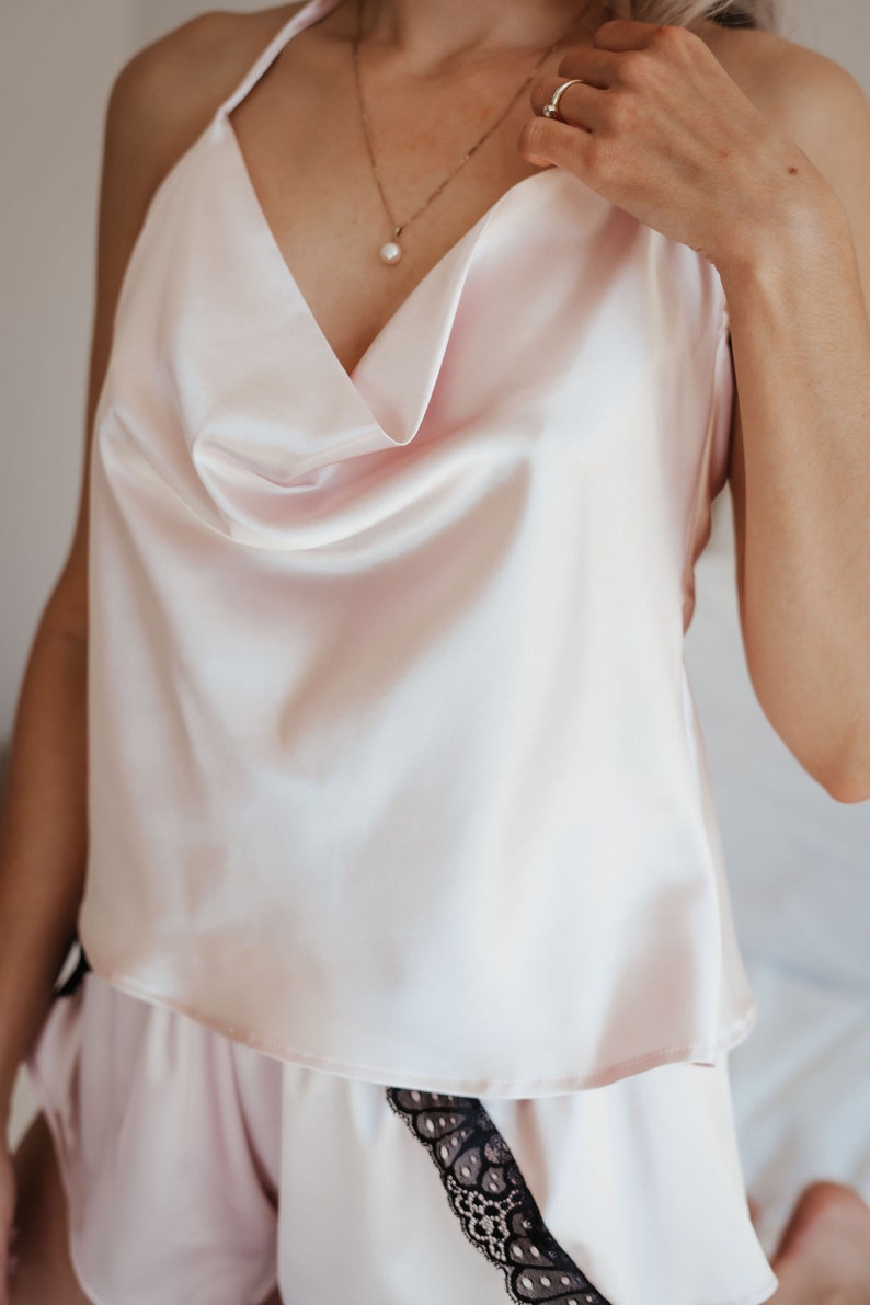 Pink satin pj set for women, satin cowl neck chemise, black and pink satin french knicker sleepwear shorts image 6