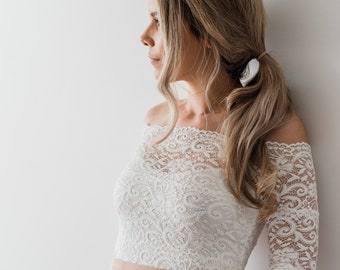 Off the shoulder bridal crop top, Ivory lace crop top, Long sleeve lace top for bohemian wedding