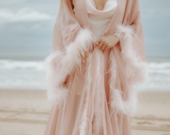 Siren Feather Robe - Handmade Pink Chiffon Robe with Ostrich Feathers