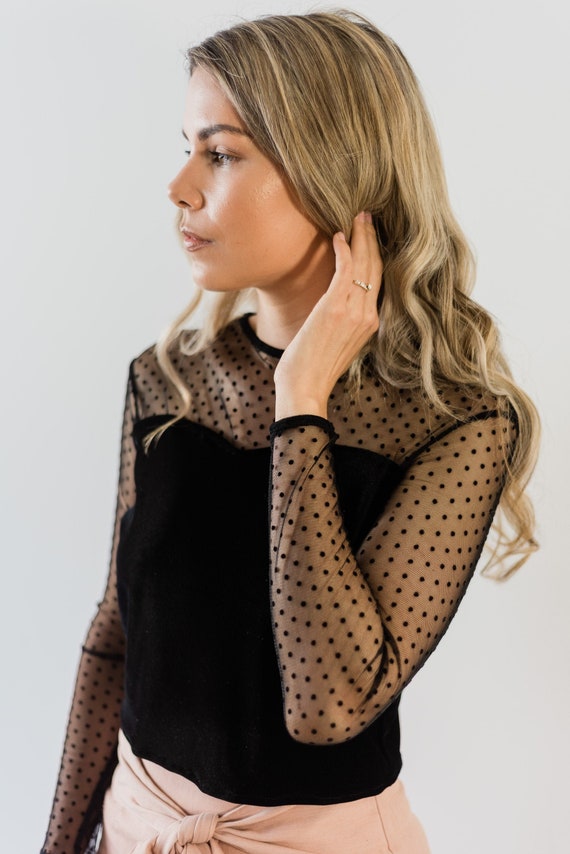 Mesh Top Polka Dot Top With Velvet Bodice Etsy