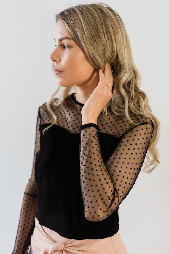 Black polka dot mesh top long sleeve 