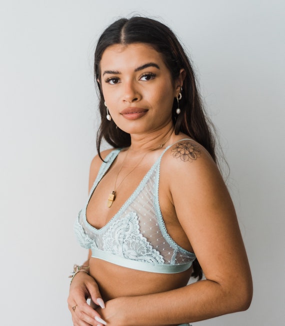 Mint Green Lace Bralette, Sheer Lace Bralet, Pastel Green Sexy