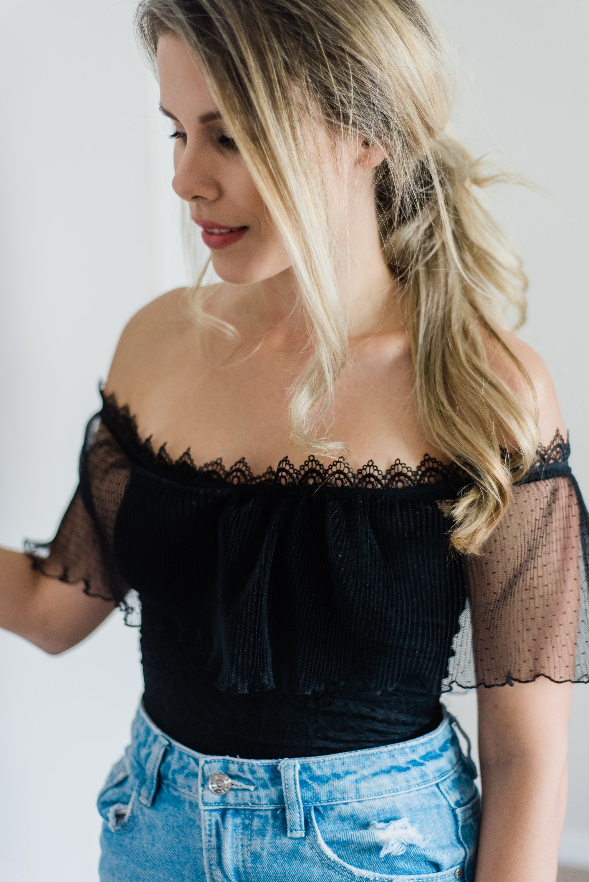 Black off the Shoulder Top, off the Shoulder Lace Top, Sheer Tulle Blouse,  Black Sweetheart Lace Crop Top, Sheer Blouse, Mesh Blouse 