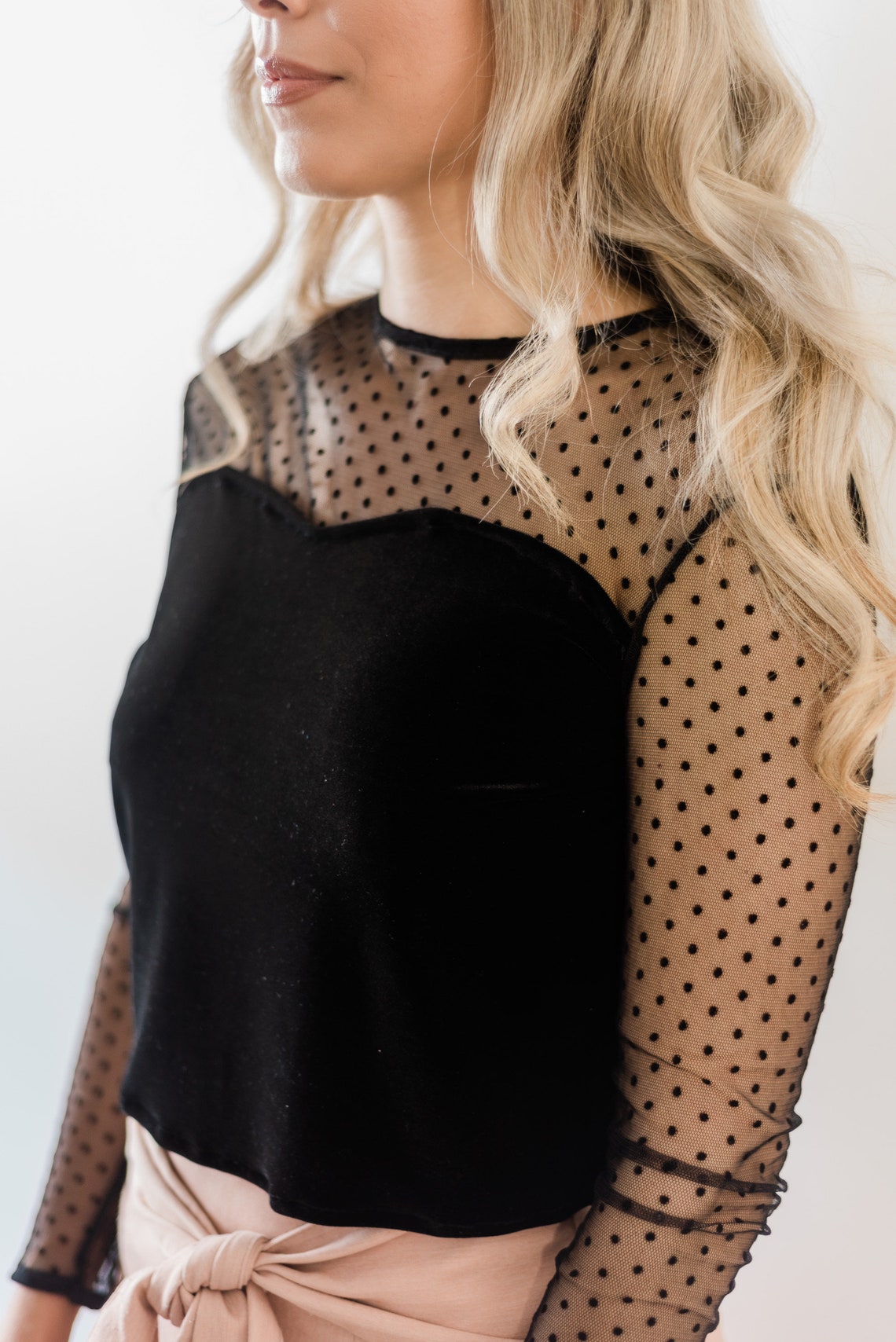 Soft pleated polka dot mesh ruffle top