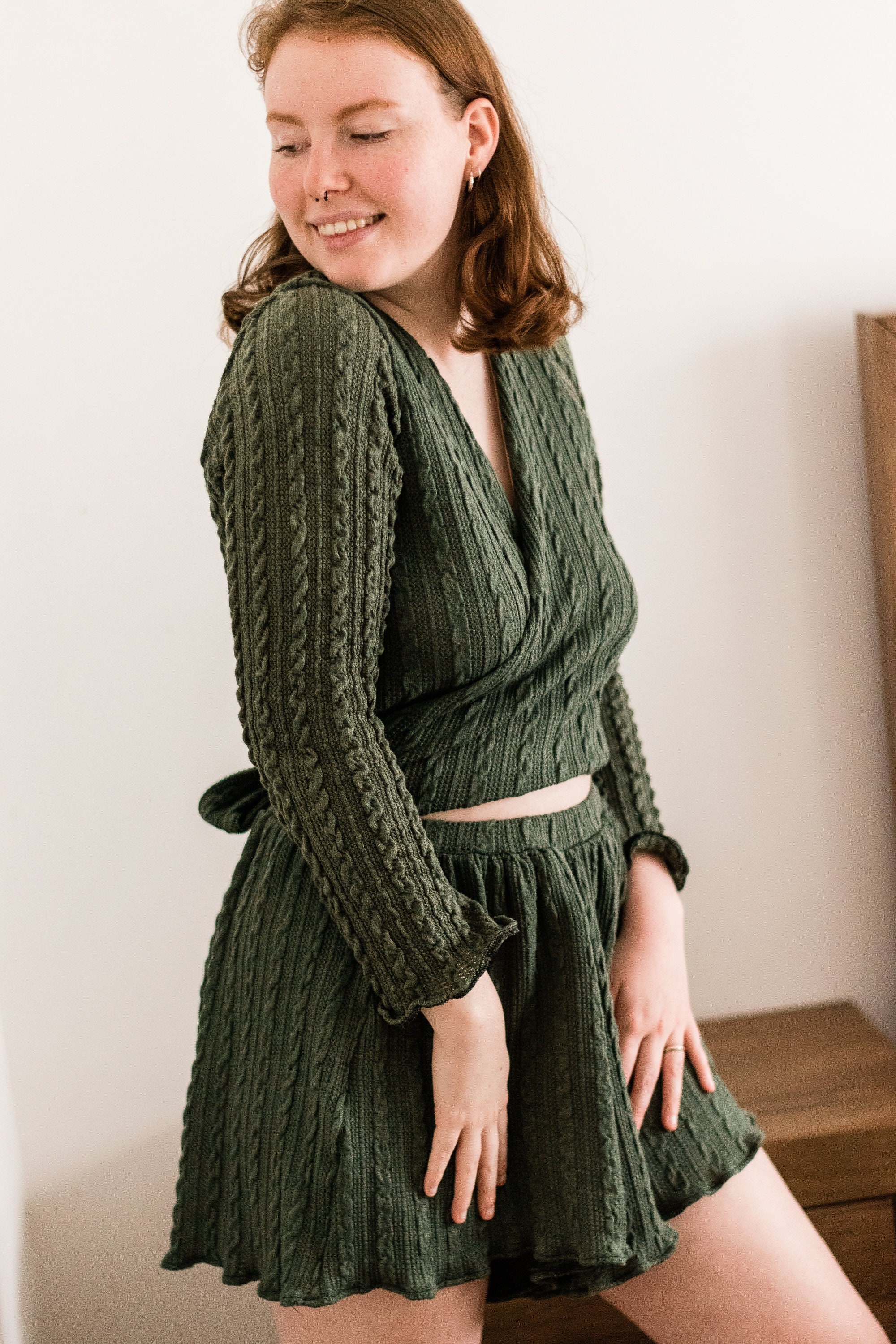 Green Knit Wrap Top Khaki Knitted Sweater Wrap Cardigan for