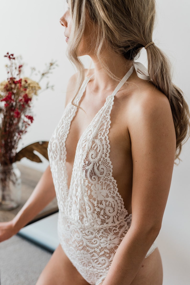 Ivory Lace Bridal Lingerie Bodysuit Sexy Sheer Lace