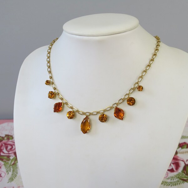 SALE! - 1960's Art Deco Amber Glass Necklace - Gold Tone Link Collar - Vintage Open Back Crystal Fringe Necklace