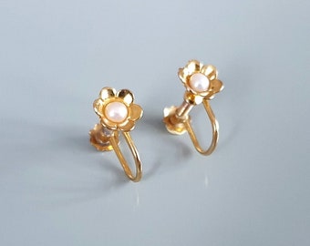 Antique Gold Plated Pearl Flower Earrings - Stamped 'RG'