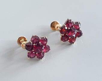 Vintage Gold Plated Garnet Flower Earrings - Rose Cut Cluster Earrings