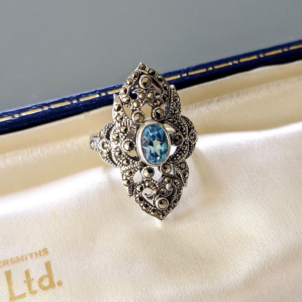 Art Deco Silver & Blue Stone Ring - Antique Style Marcasite Ring (Size 7 or O)