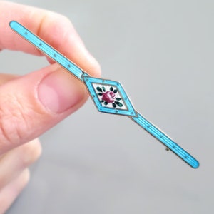Antique Guilloche Enamel Bar Brooch - Hand Painted Edwardian Brooch (2 3/4 Inches)