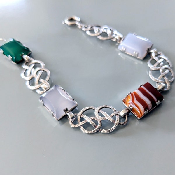 Antique Scottish Agate Bracelet - Silver Celtic Knot Bracelet