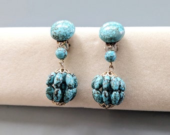 Vintage Faux Turquoise Drop Earrings - Signed HONG KONG