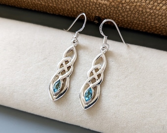 Sterling Silver Celtic Knot Earrings with Blue Stone