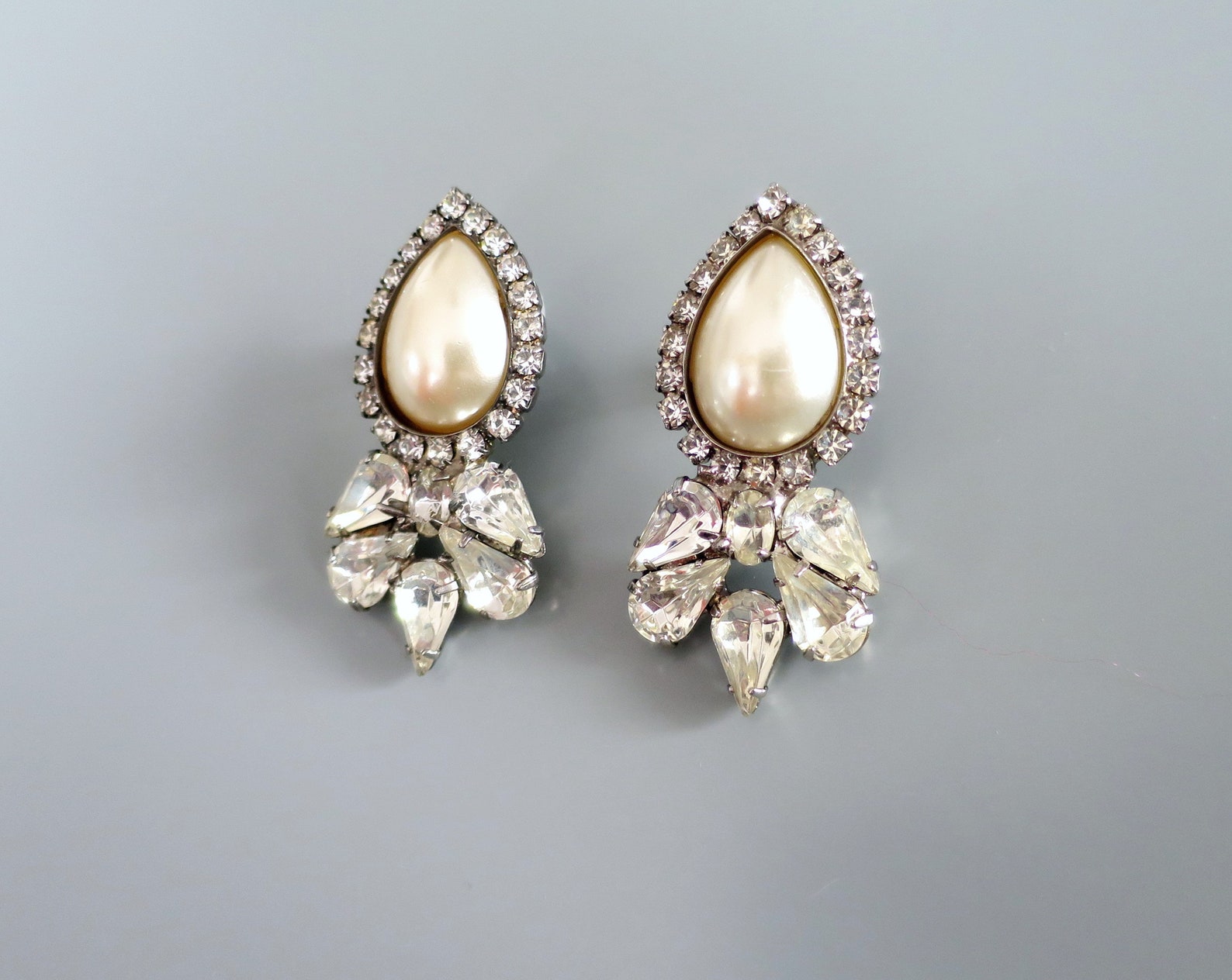 Large Faux Pearl Stud Earrings Clear Crystal Cluster Etsy