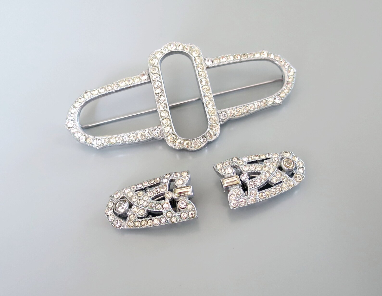 Large Art Deco Dress Clip Brooch Silver Tone & Clear Paste Etsy