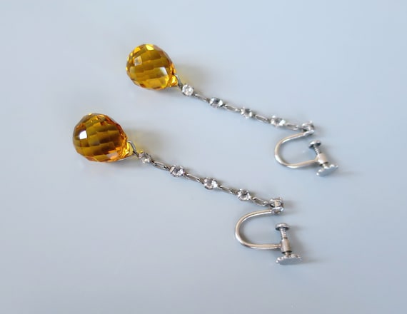 Art Deco PLATINON Earrings - Clear & Amber Crystal