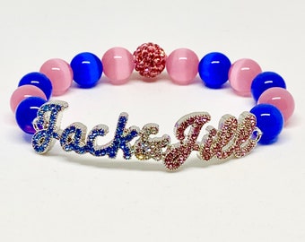 Pink and Blue Crystal Jack and Jill Script Bracelet - Cat’s Eye Beads
