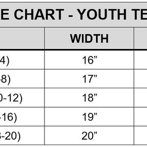 May include: Size chart for youth tees, showing sizes from XSmall (4) to XLarge (18-20) with corresponding width and length measurements in inches.