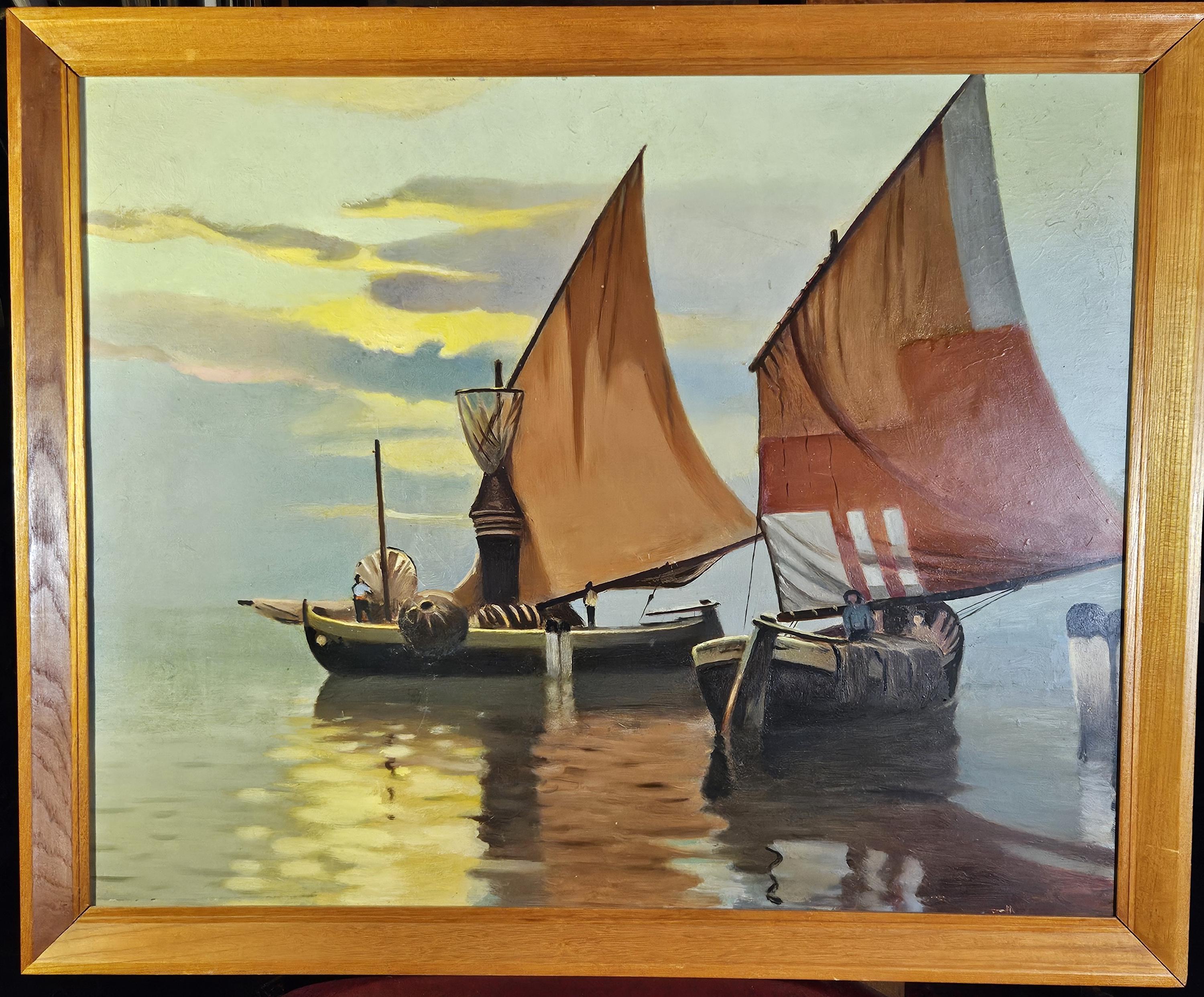 夕暮れの漁船、油彩、額入り、30x25