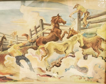 Lassoing Horses, a vintage 1937 print by Thomas Hart Benton, framed, 18X15