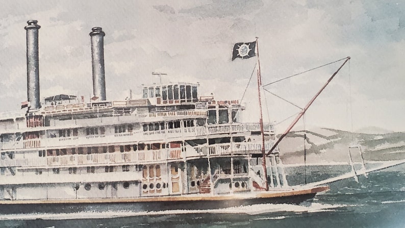 Mississippi Queen Watercolor Print by Paul N framed 30 x 24 River Steamboat Norton