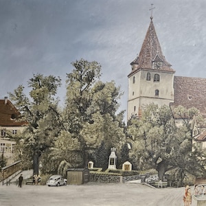 German Village, 1960, oil on board, signed, framed, 27x22&quot;