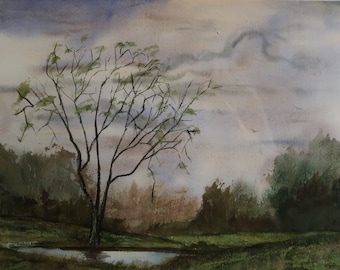 Pastoral Pond, an original watercolor, framed, 23x19&quot;