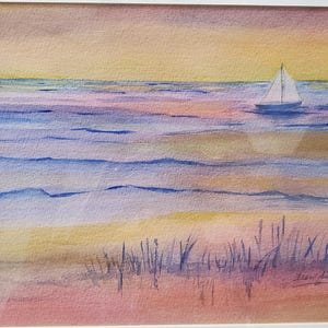 Sailboats at Sunset, original watercolor painting by Fran Sullivan, matted & framed 20x15"