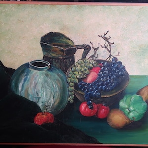 Still Life with Fruit and Peppers, original oil on canvas from 1972, signed, stripped, 30x20&quot;