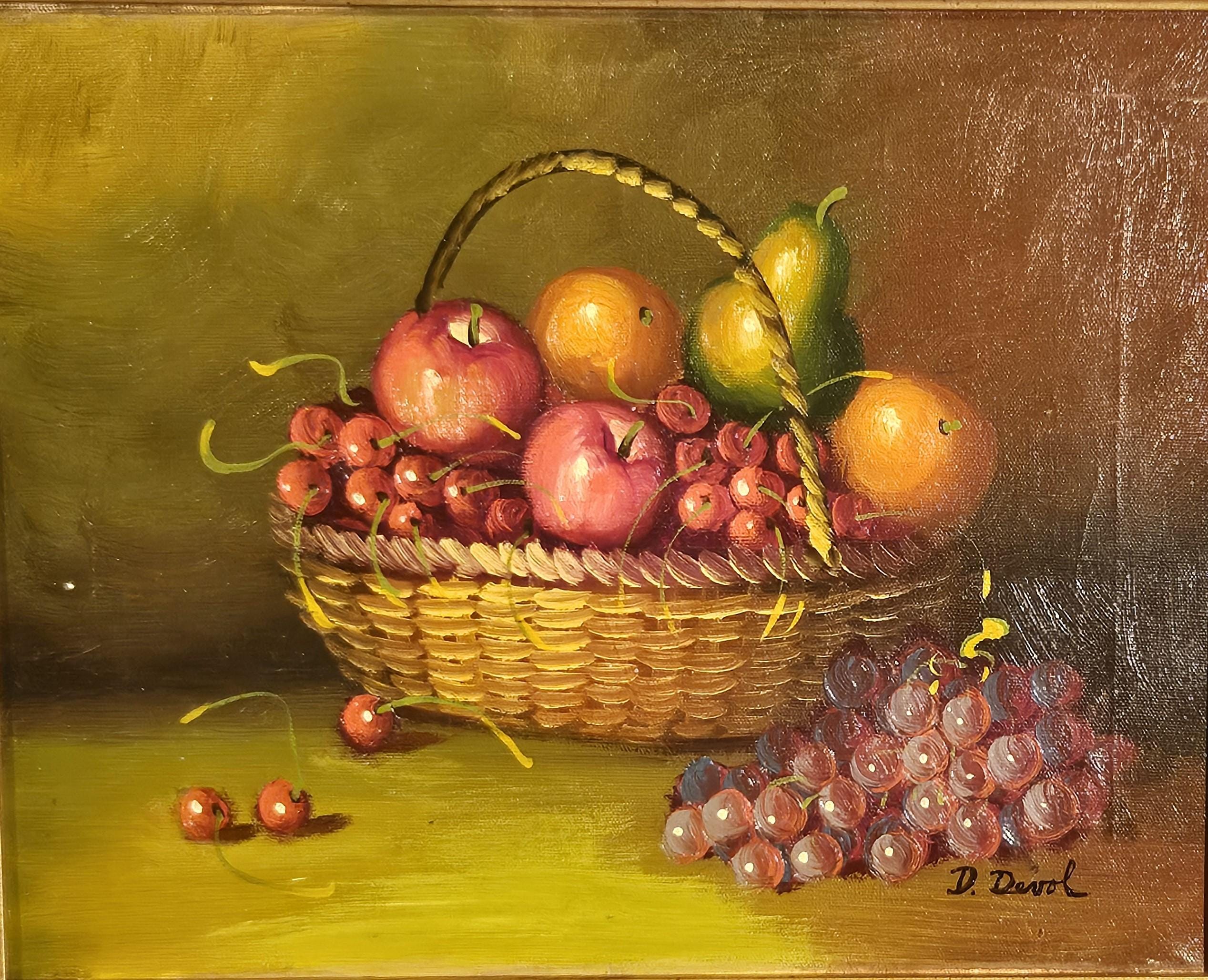 フルーツバスケット、オリジナル油彩キャンバス、署名入り、額入り