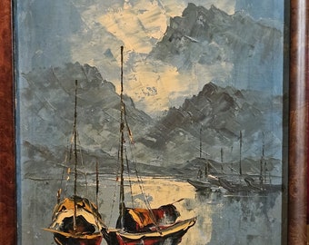 Boats at Anchor, original oil on board, signed, framed, 18x15&quot;